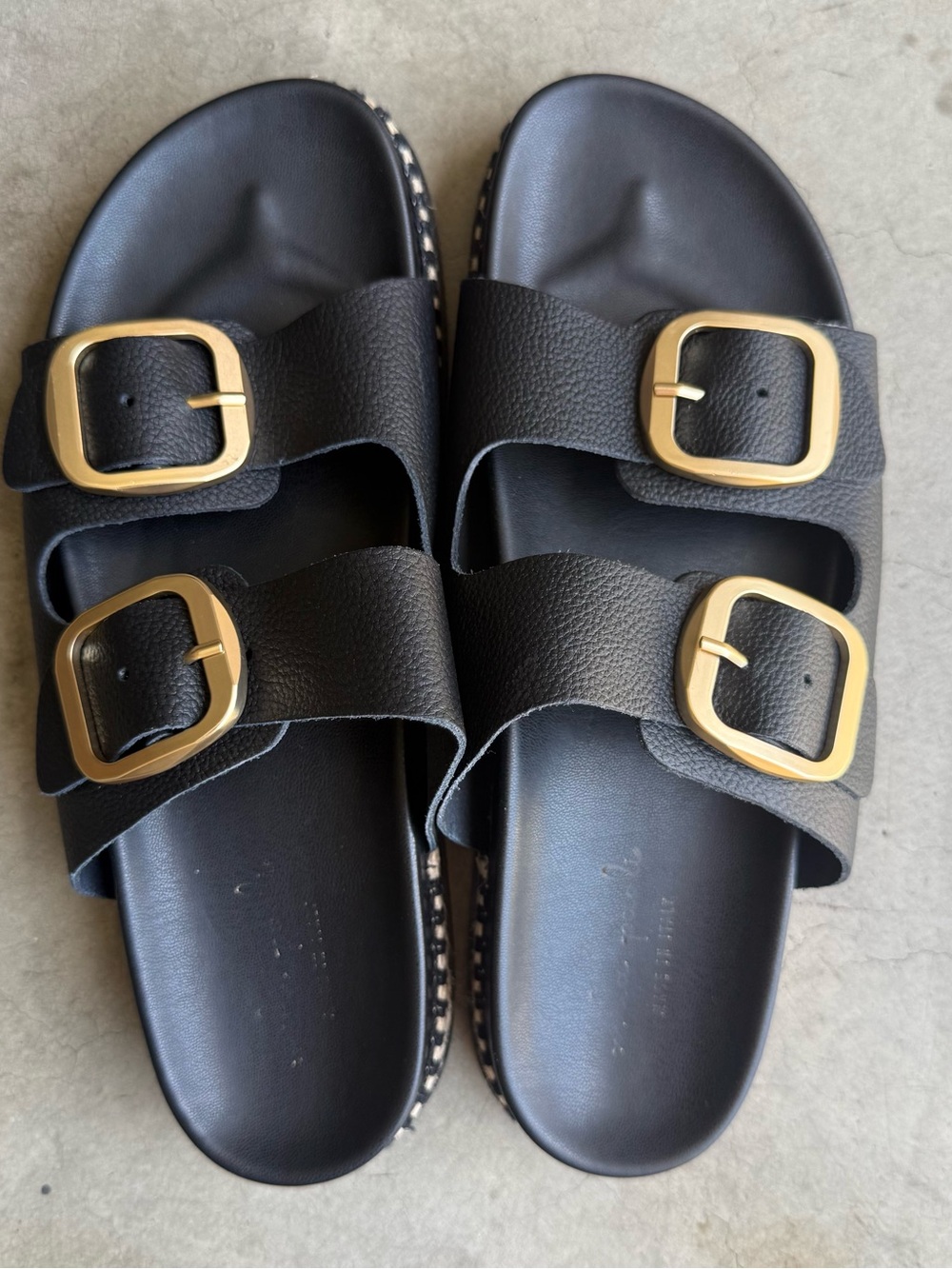 Mila Paoli Black Leather Double-Strap Sandals with Gold Buckles
